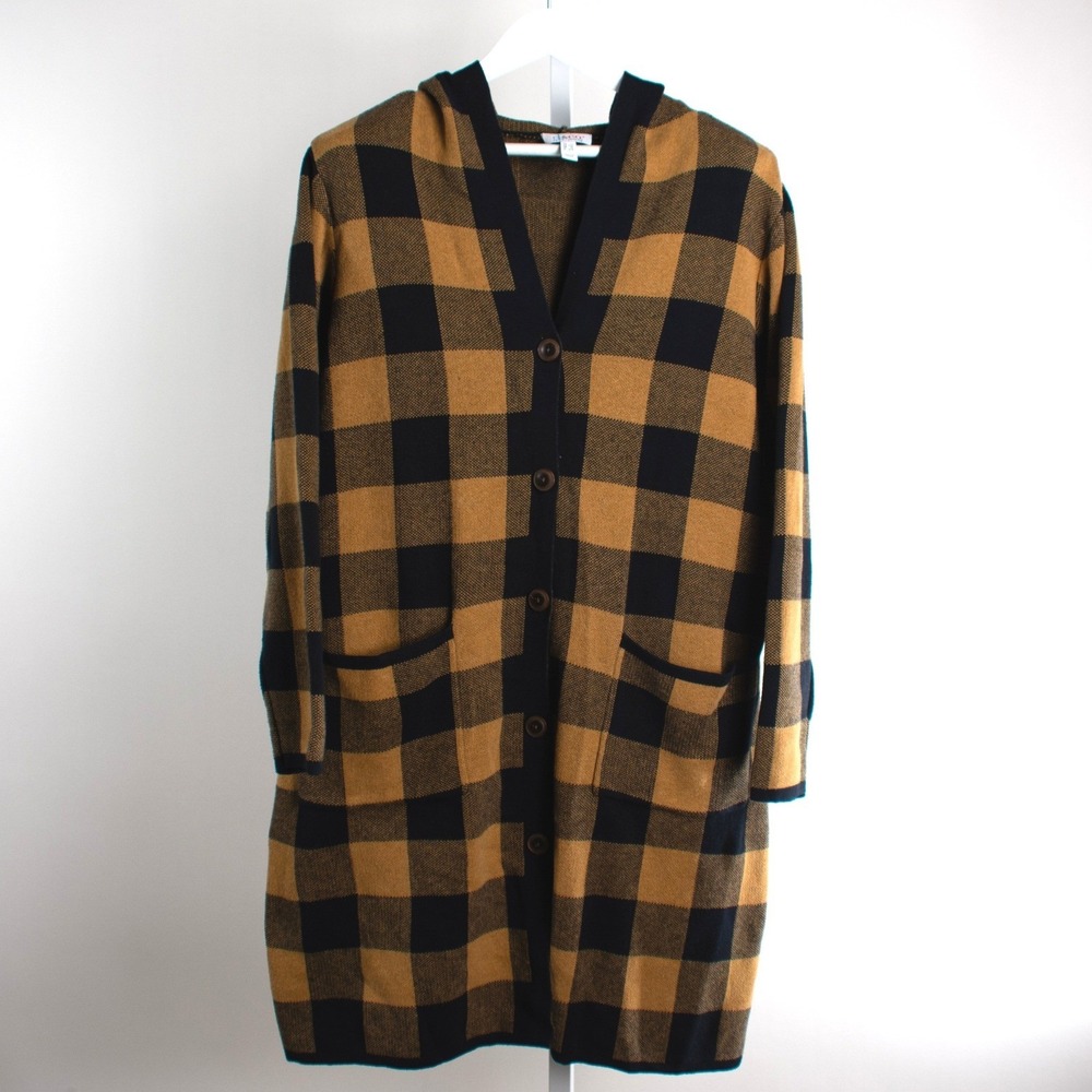 Denim & Co Women's 1X Button‎ Front Hooded Duster Cardigan Buffalo Plaid